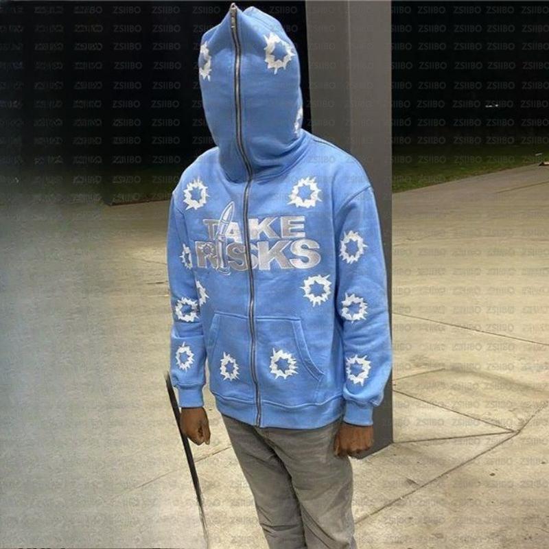 European and American street trend Y2K hip-hop fashion zipper printed loose hoodie