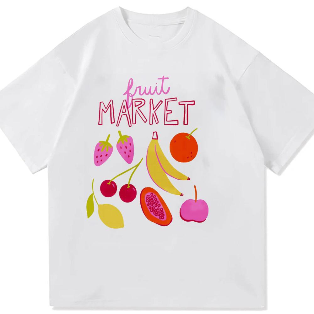 Fruit Market Graphic T Shirt Summer Vintage Fruit Print Short Sleeve Tees Casual Loose Fit Crew Neck Cotton Tops