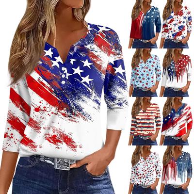 Damen T-Shirt mit Aufdruck, Knopfleiste, 3/4-Ärmel, für den Alltag, Wochenendmode, Basic, V-Ausschnitt, normales Oberteil