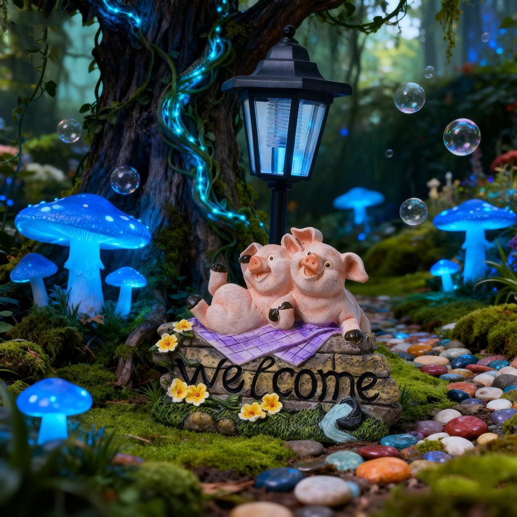 Happy Pig Solar Outdoor Light Statue Ornament