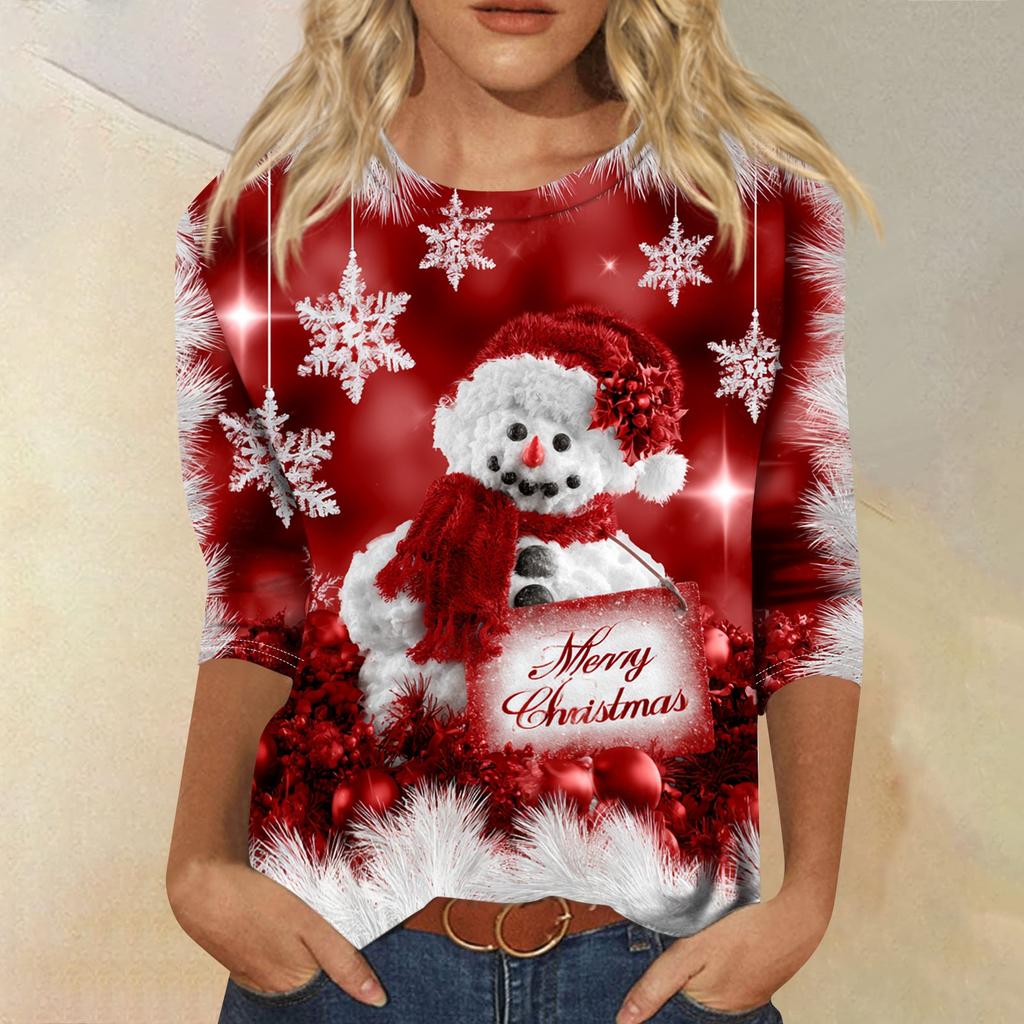 Damen Casual Weihnachtsdruck Hals 3/4 Ärmel T-Shirt