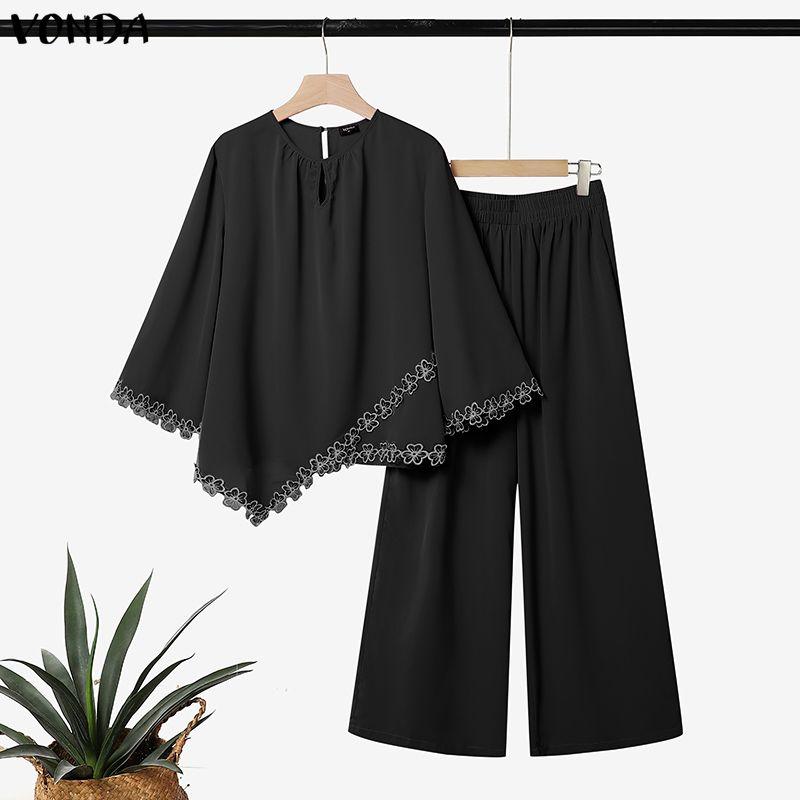 VONDA Womens Two Piece Set Loose Fit Tunic Tops with Lace Trim and Wide Leg Pants Elegant Casual Outfits