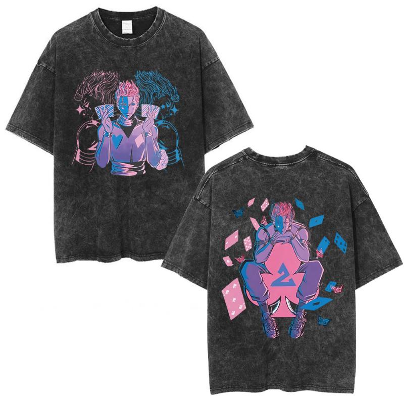 Anime Hunter X Hunter Logo Vintage Washed T Shirt Killua Gon Cherry Blossom Graphic T-shirt Men Fashion Casual Oversized Tshirt