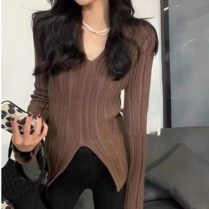 

Вязаный свитер с длинным рукавом и v-образным вырезом, женские осенне-зимние пуловеры с длинными рукавами, женские топы Y2K, шикарный тонкий трикотаж, одежда 28499 One Size темно-коричневого