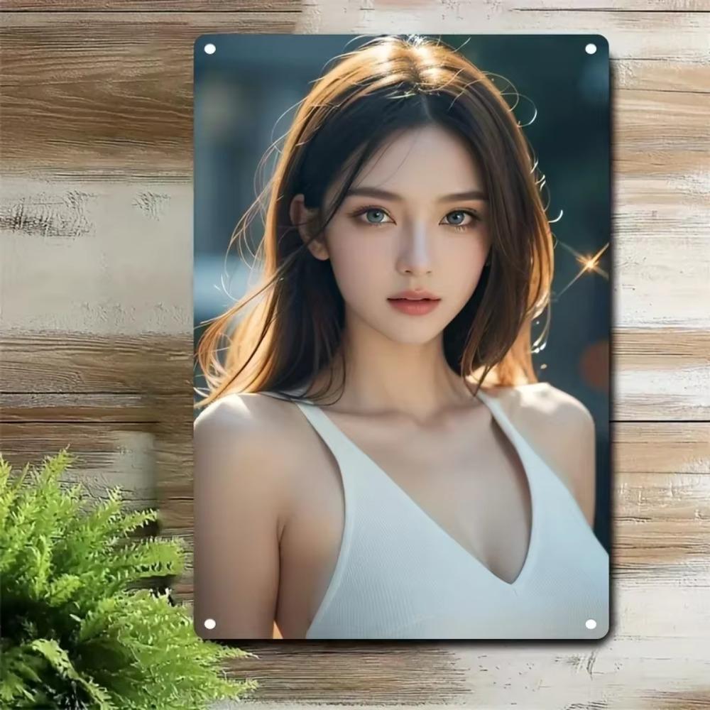 Metal Wall Art Woman Portrait Iron Sign, Elegant White Brown Home Decor Gift