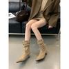 Spice Girl Pointed Head Belt Buckle Short Boots Femininity Stiletto Boots Suede Medium Tube Thin Boots Women