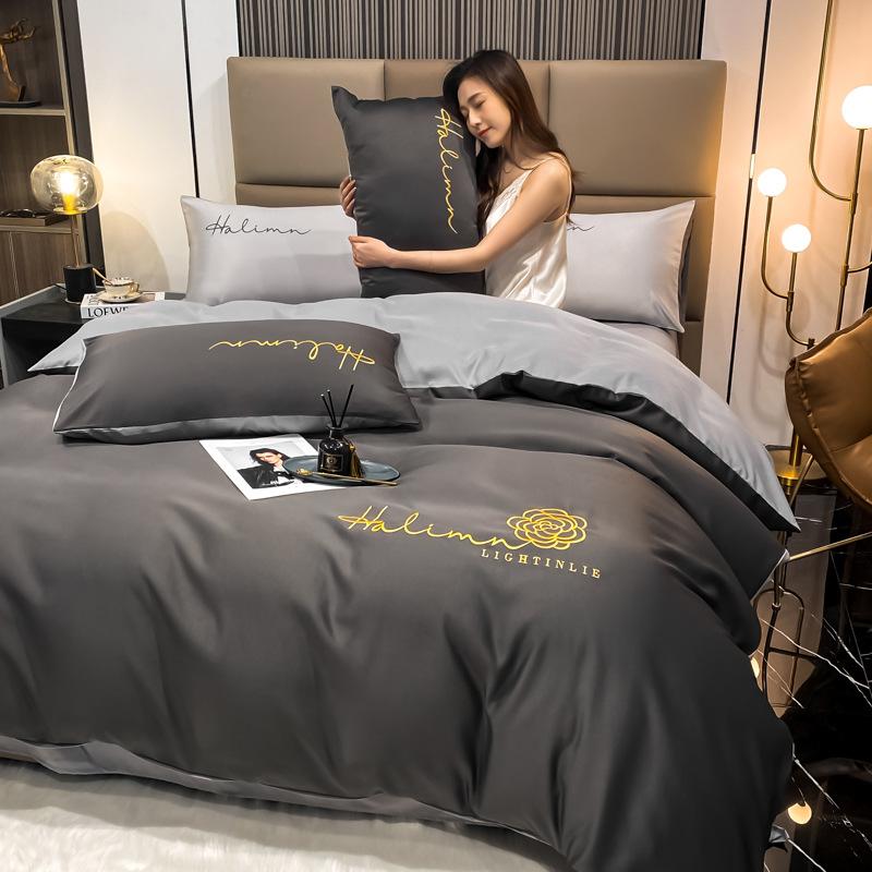 Nordic Style Pure Cotton Washed Cotton Washed Silk Four-piece Set Solid Color Embroidered Bed Sheet Quilt Cover Three-piece Set Dormitory Bed Sheet