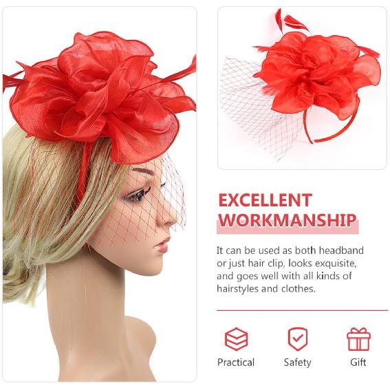 Baluue Mesh Flower Design Red Wedding Tea Party Headband Headdress for Women Special Occasion Accessory
