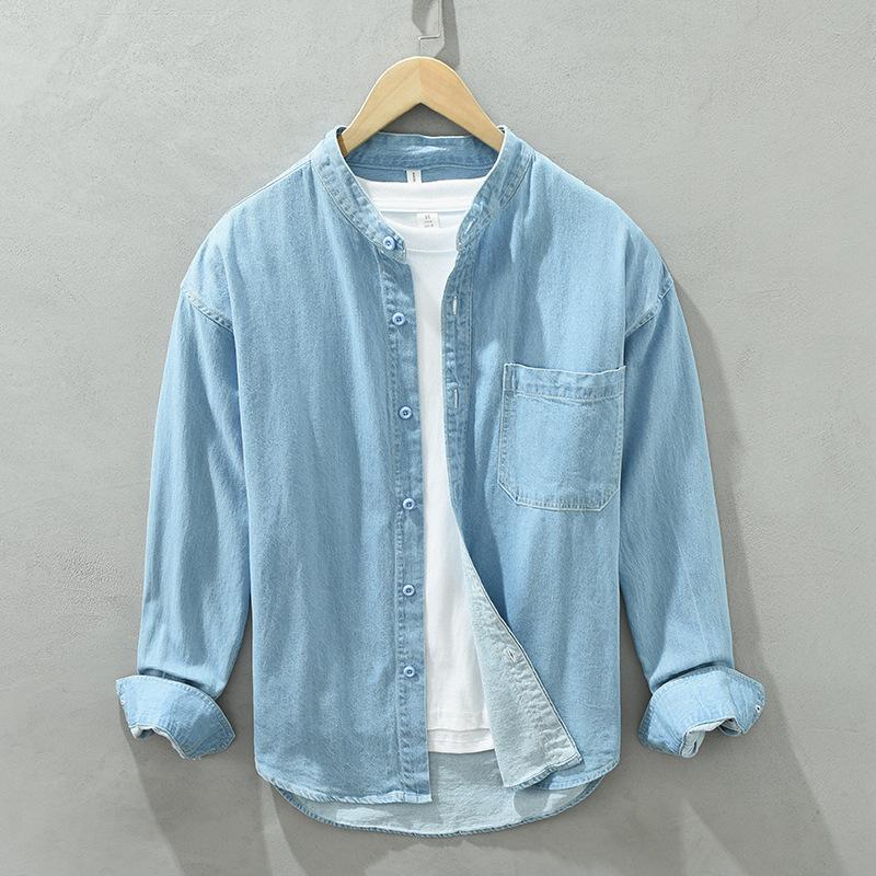 Korean Simple Style Light Blue Denim Shirt Men Spring/Autumn Daily Casual Shirts Stand Collar Pure Cotton Long Sleeve Shirt with Pocket