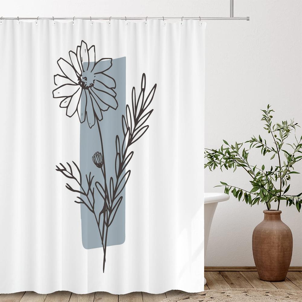 Nordic Abstract Minimalist Flowers Shower Curtain Decor Bathroom Curtain Floral Fabric Hanging Curtain Bathroom Decor With Hooks