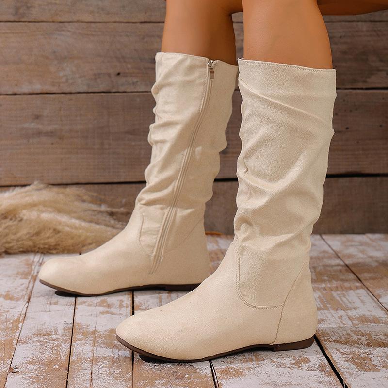 Women's Plus Size Mid-Calf Combat Boots with Side Zip and Slouchy Pleated Detail – Autumn Winter New Arrival Genuine Leather Ankle Boots
