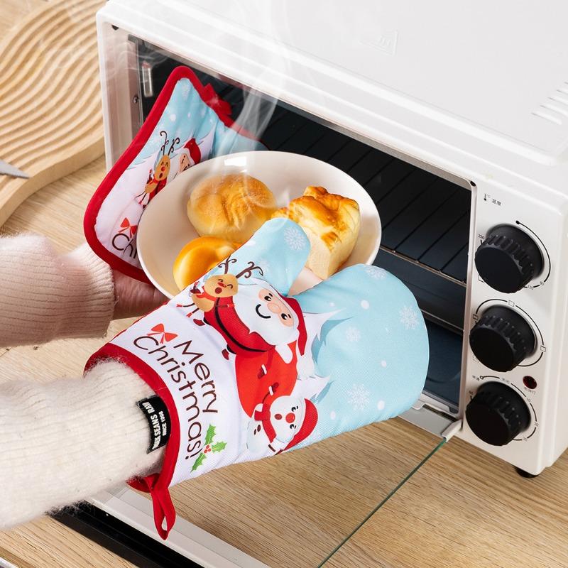 Christmas Microwave Oven Gloves Set Kitchen Household Anti-scalding Baking Christmas Gloves Thickened Insulated Oven Gloves