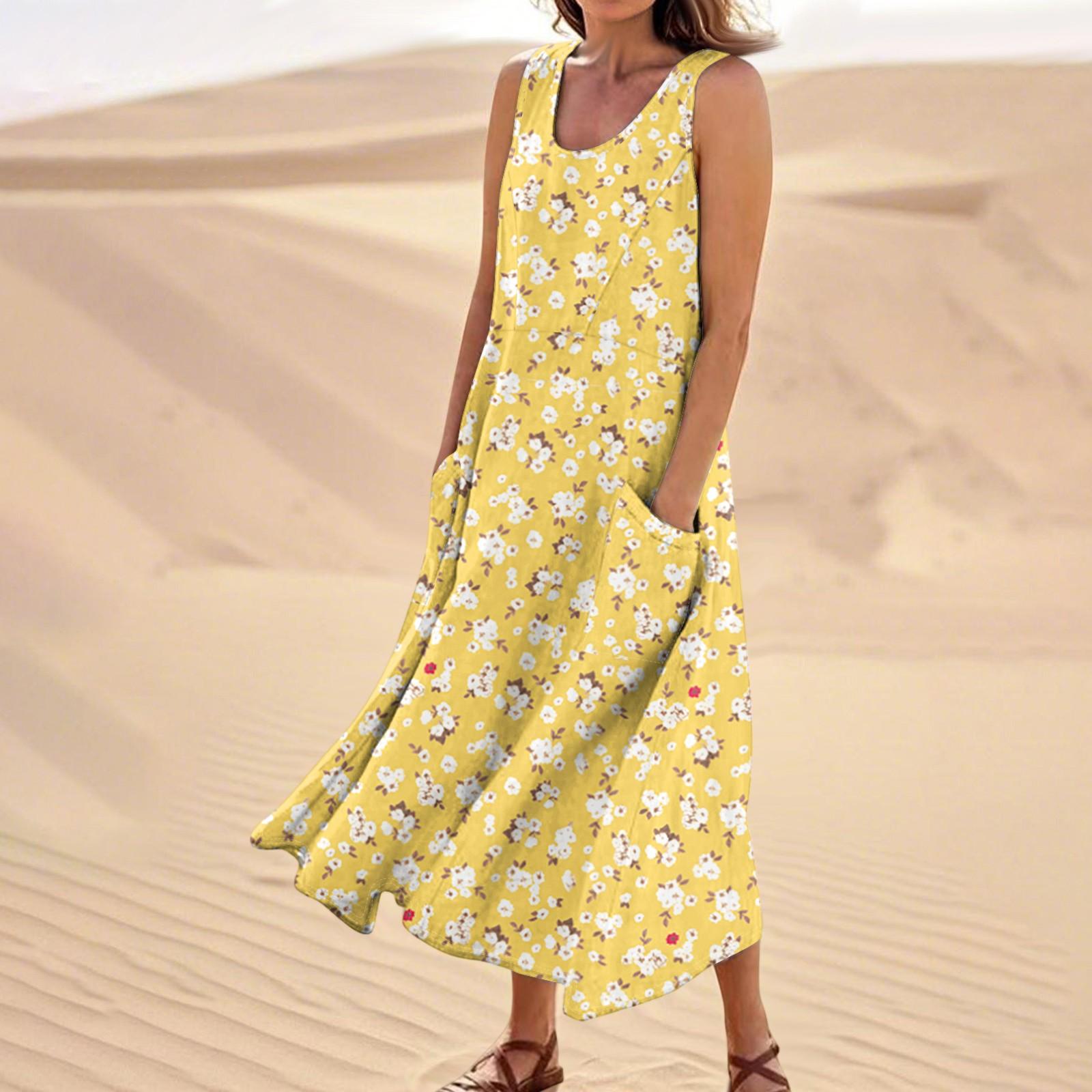

Женское летнее повседневное модное платье без рукавов с цветочным принтом и карманом XL жёлтый