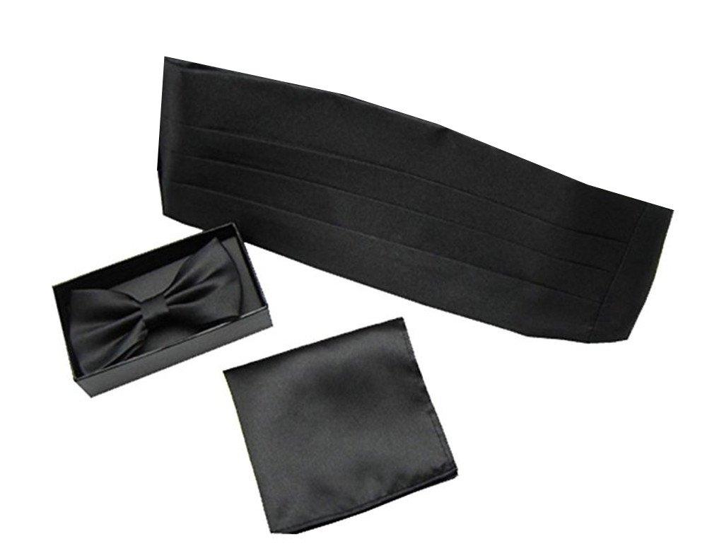 

[BERUKO] Cummerbund, Bow Tie, and Pocket Square 3-Piece Set in Gift Box, Perfect for Weddings, Waiters, and Bartenders, with Logo Storage Case (Black)