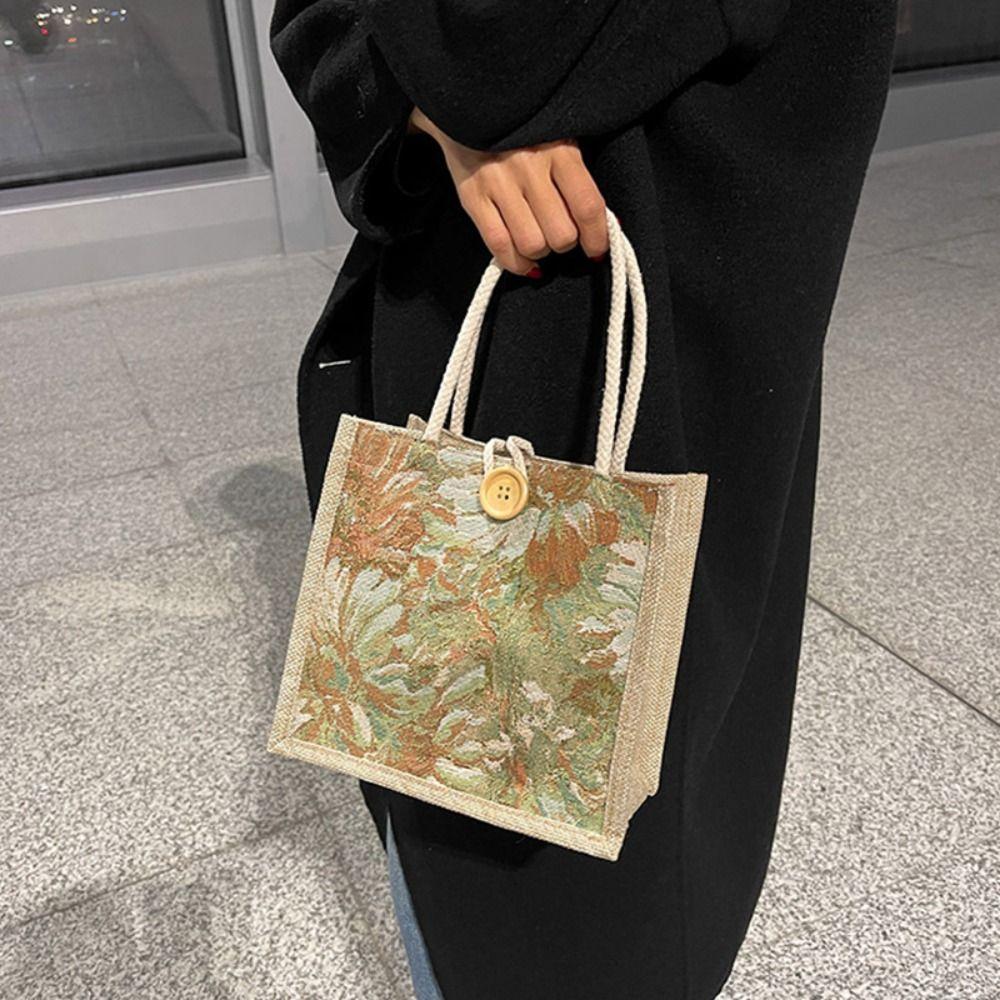 Large Capacity Linen Handbag Portable Printing Cloth Lunch Bag Ethnic Style Canvas Bag  Travel