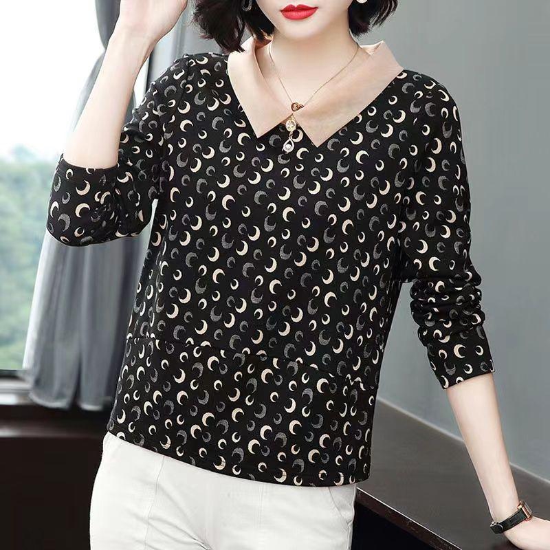 Frühling Herbst Polo Kragen Langarm T-shirt frauen Lose Mom Bodenbildung Shirt Neue Floral Top M-5XL
