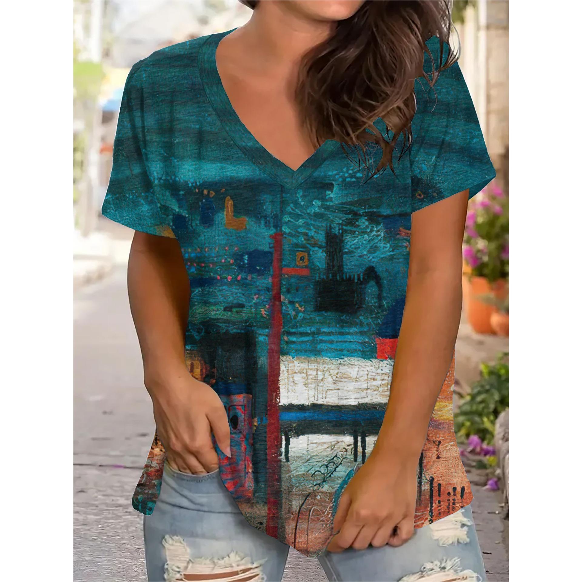 

Летний топ с V-образным вырезом и 3D-печатью, модные повседневные женские футболки с короткими рукавами XS