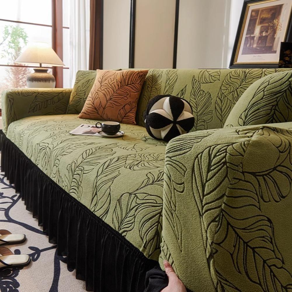 Jacquard Sofa Cover with Skirt Universal Full Coverage Stretch Slip Proof Fabric Couch Dust Protector