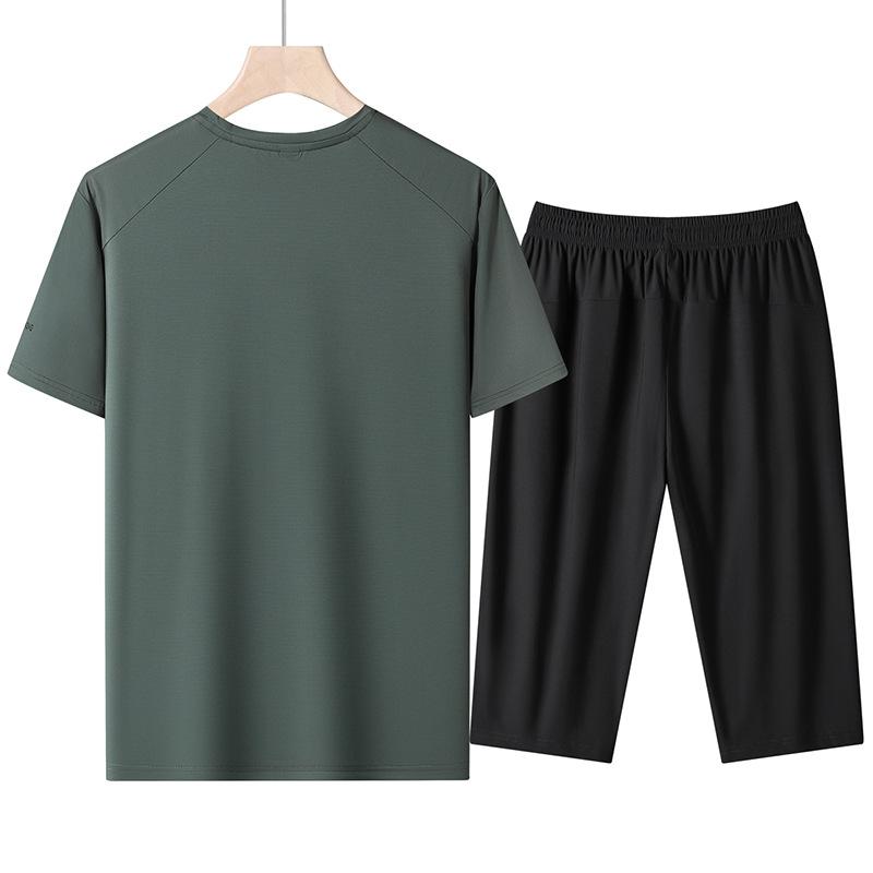 Summer Ice Silk Round Neck Short Sleeve Suit Men's Outdoor Sports Loose Quick-drying T-shirt Cropped Trousers Two-piece Suit