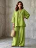 European & American Style Women's Cotton Linen Blend Shirt and Wide Leg Pants Set