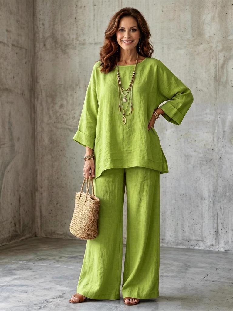 European & American Style Women's Cotton Linen Blend Shirt and Wide Leg Pants Set