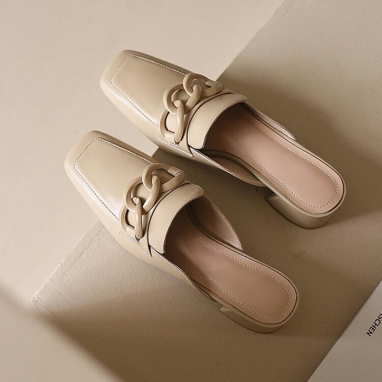 Summer New Temperament Bag Head Half Slippers Fashion Casual Medium Heel Thick Heel Square Head White Muller Cool Slippers
