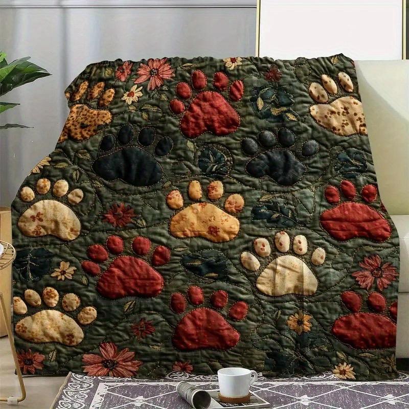 1pc Vintage Paw Print And Floral Quilted Flannel Blanket - Soft And Comfortable All Seasons Throw for Sofa Bed Car Office