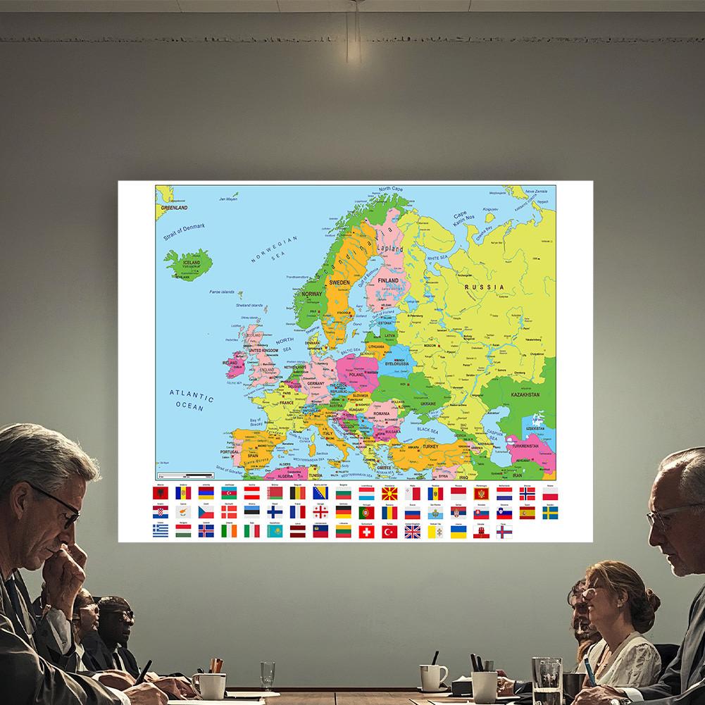 Evropská mapa-Politické rozložení-s vlajkami,Vzdělávací plakát pro domácí kancelář, třídu,Cestovní/Vzdělávací pomůcky