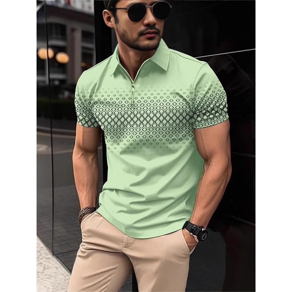 Summer New Men's Short Sleeved Lapel Polo Shirt Square Printed Zipper Casual