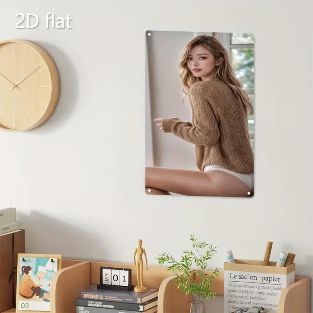 Beige Metal Wall Art Woman - Durable 2D Decor for Home, Cafe, Bar