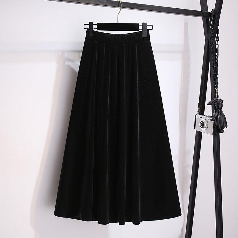 2024 Autumn/Winter Plus Size High-Waisted Gold Velvet A-Line Skirt with Elastic Waist - Slimming Long Skirt for Women