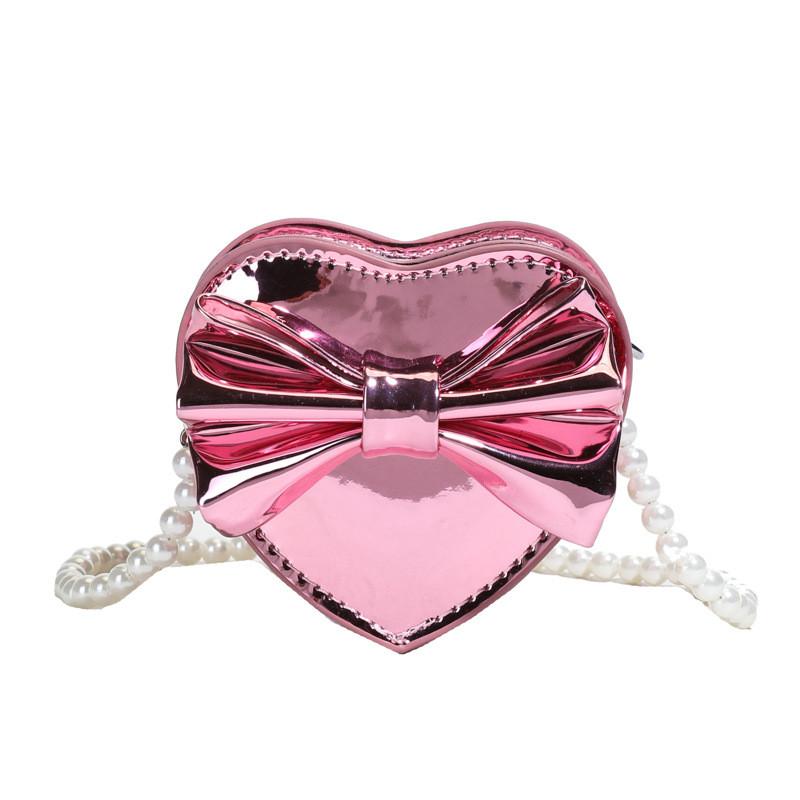 Heart Mini Shaped Bow Pearl Chain Bag With Zipper Closure For Daily Use Casual