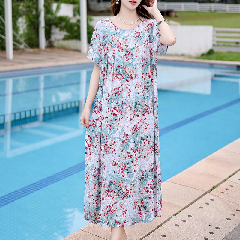 Vintage Print Loose Dresses For Women Plus Size Short Sleeve Casual Long Dress Summer Elegant Middle-aged Women's Clothing
