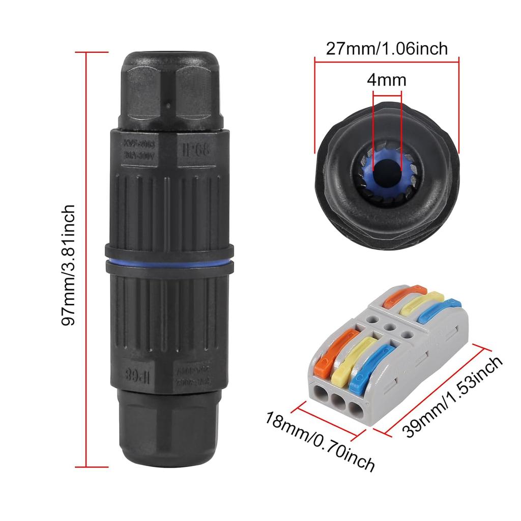 4PCS Waterproof Junction Box, 3 Way Outdoor Electrical Cable Connector, IP68 Waterproof Wire Connector Cable Range Ø 3.5-10mm