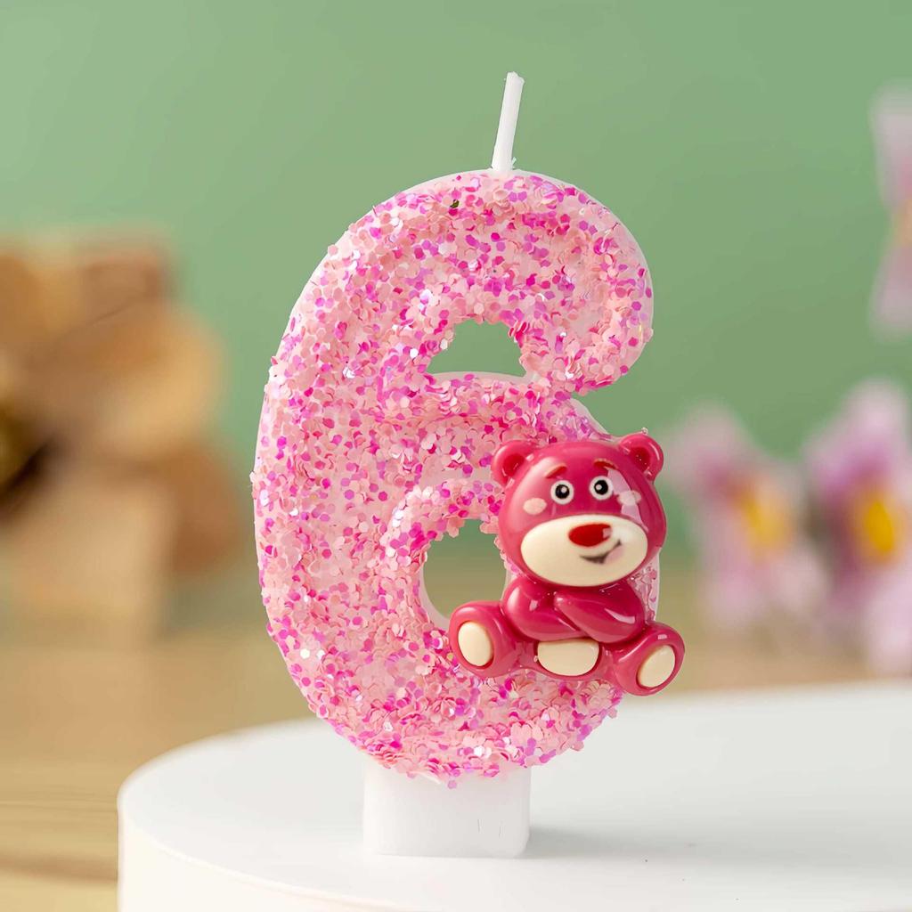 Cartoon Pink Bear Birthday Number Candles Cake Decoration