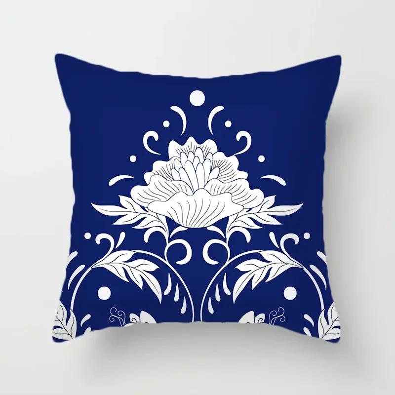 40/45/50/60Cm Blue Geometric Floral Printed Pillow Case Soft Cushion Cover For Home Sofa Car Bedroom Pillow Covers