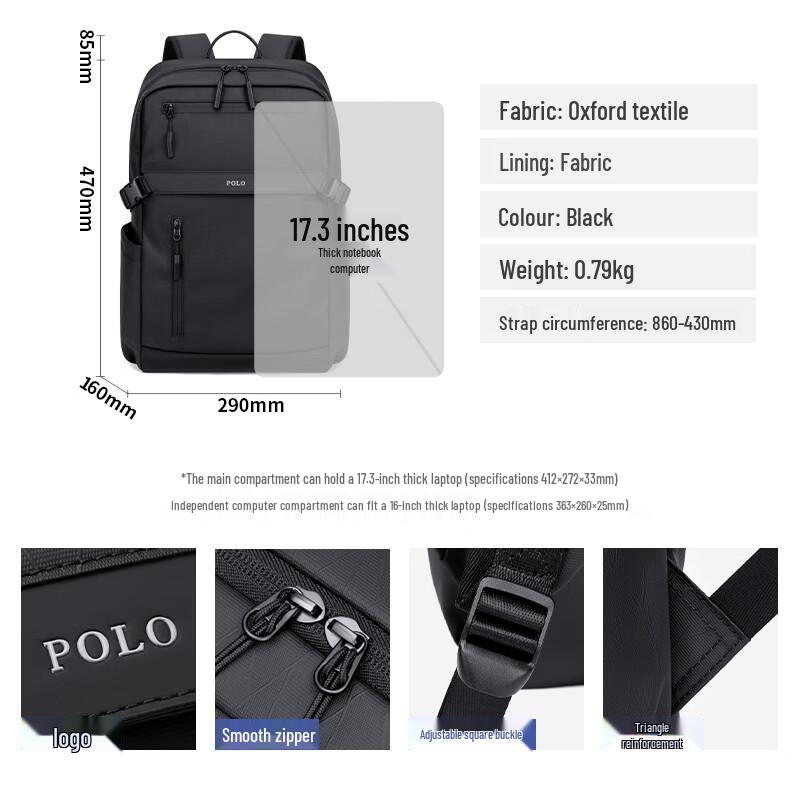 POLO Herren Rucksack für Business-Laptop mit großem Fassungsvermögen