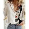 Fashion Stitching Retro Face Print Long Sleeve Blouse Women Lapel Button Casual Top Lady Shirts