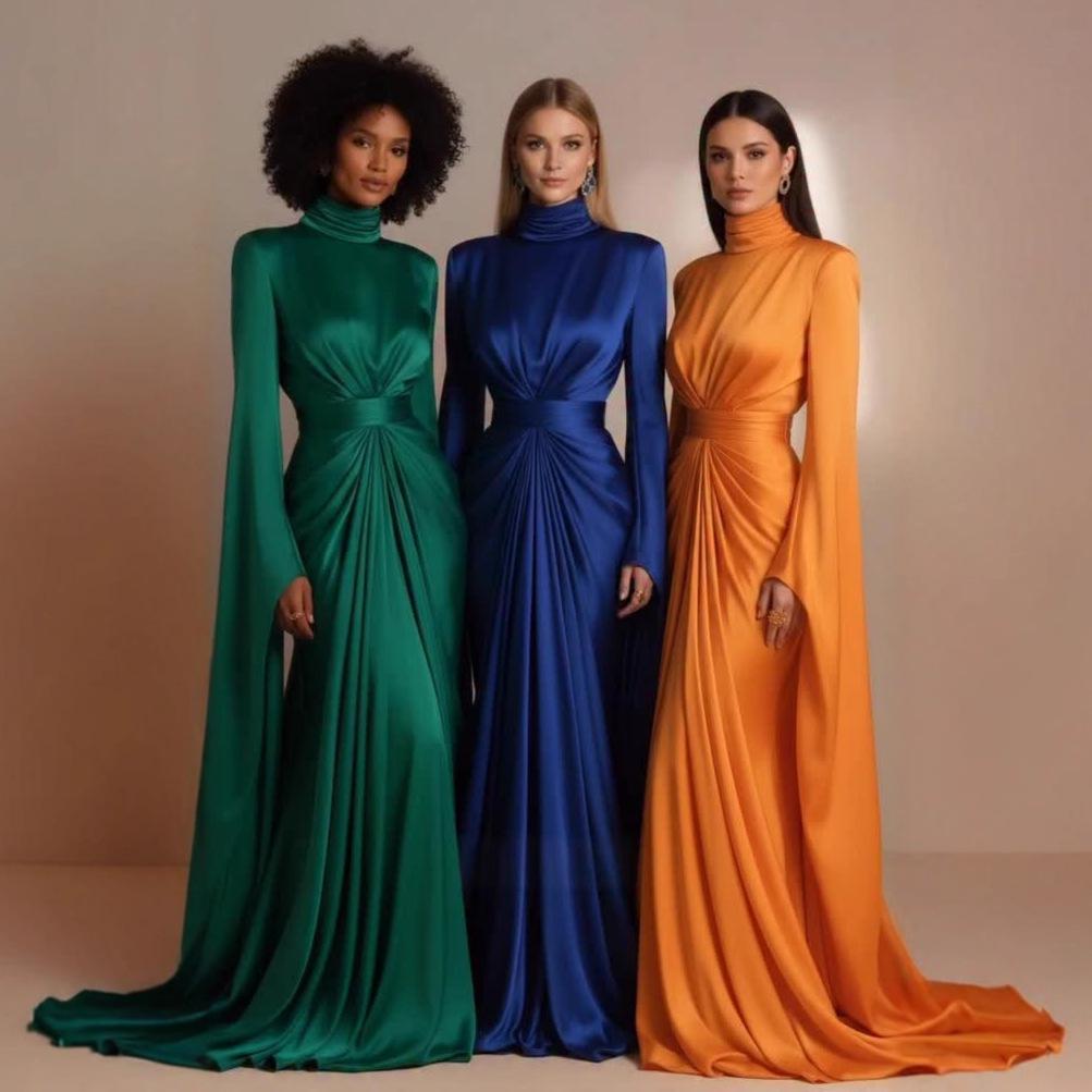 European & American Women's Satin High Neck Casual Formal Dress, High Waist with Lace-up Design, New 2025 Style