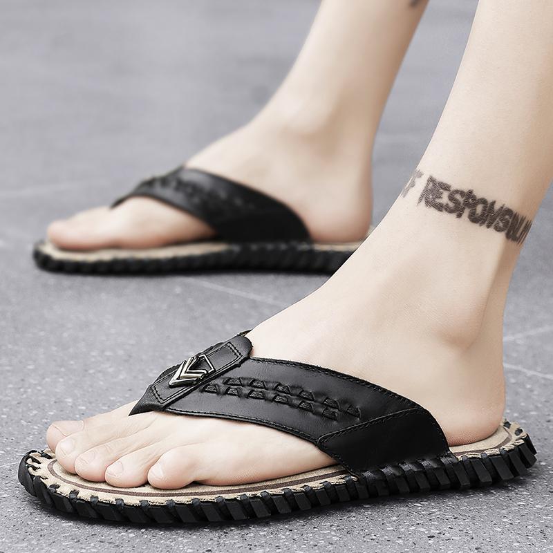 Herrtofflor Platta Tofflor Extra Breda Slip-on Sandaler Utomhus Strand Casual Mjuka Gåskor Lädertofflor Plusstorlek