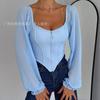 Women Off Shoulder Corset Top Long Sheer Mesh Sleeve Zip Front Blouse