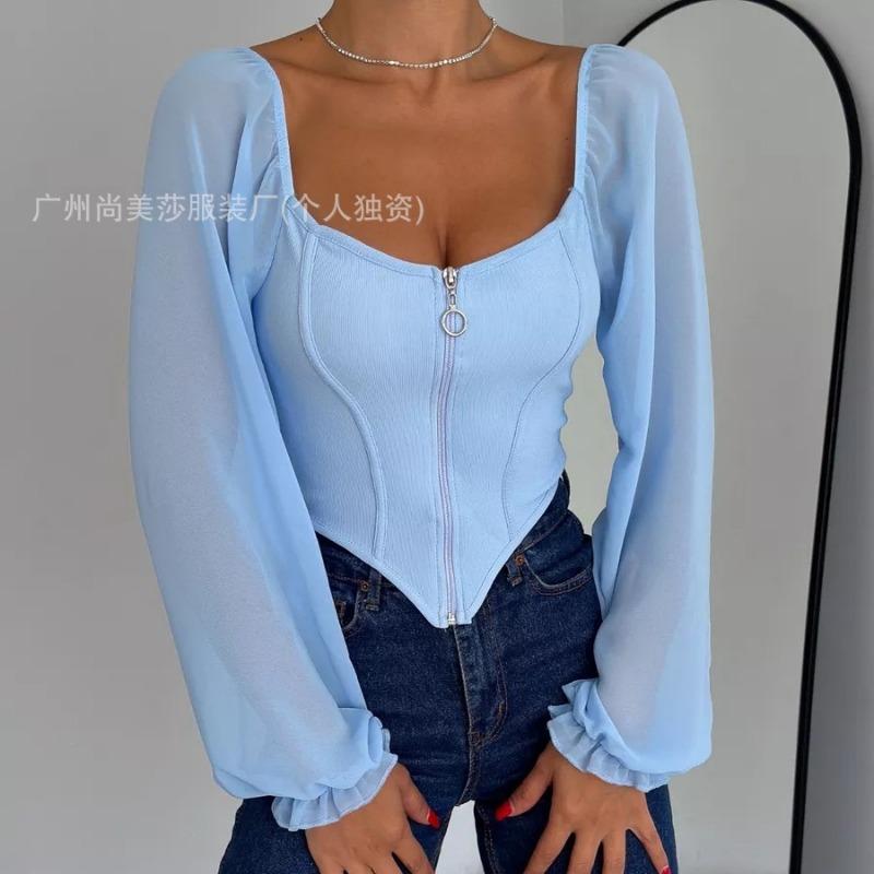 Women Off Shoulder Corset Top Long Sheer Mesh Sleeve Zip Front Blouse