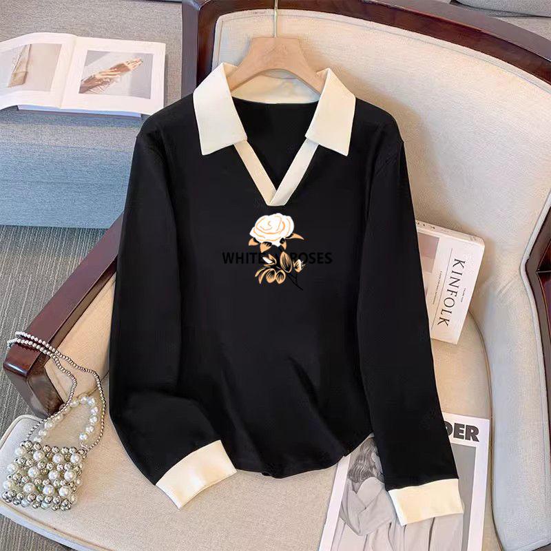 

Women s 2025 Pure Cotton Long-Sleeve Turn-Down Collar T-Shirt: Versatile Plus Size Top for Spring & Autumn Fashion M (70-90 jin)
