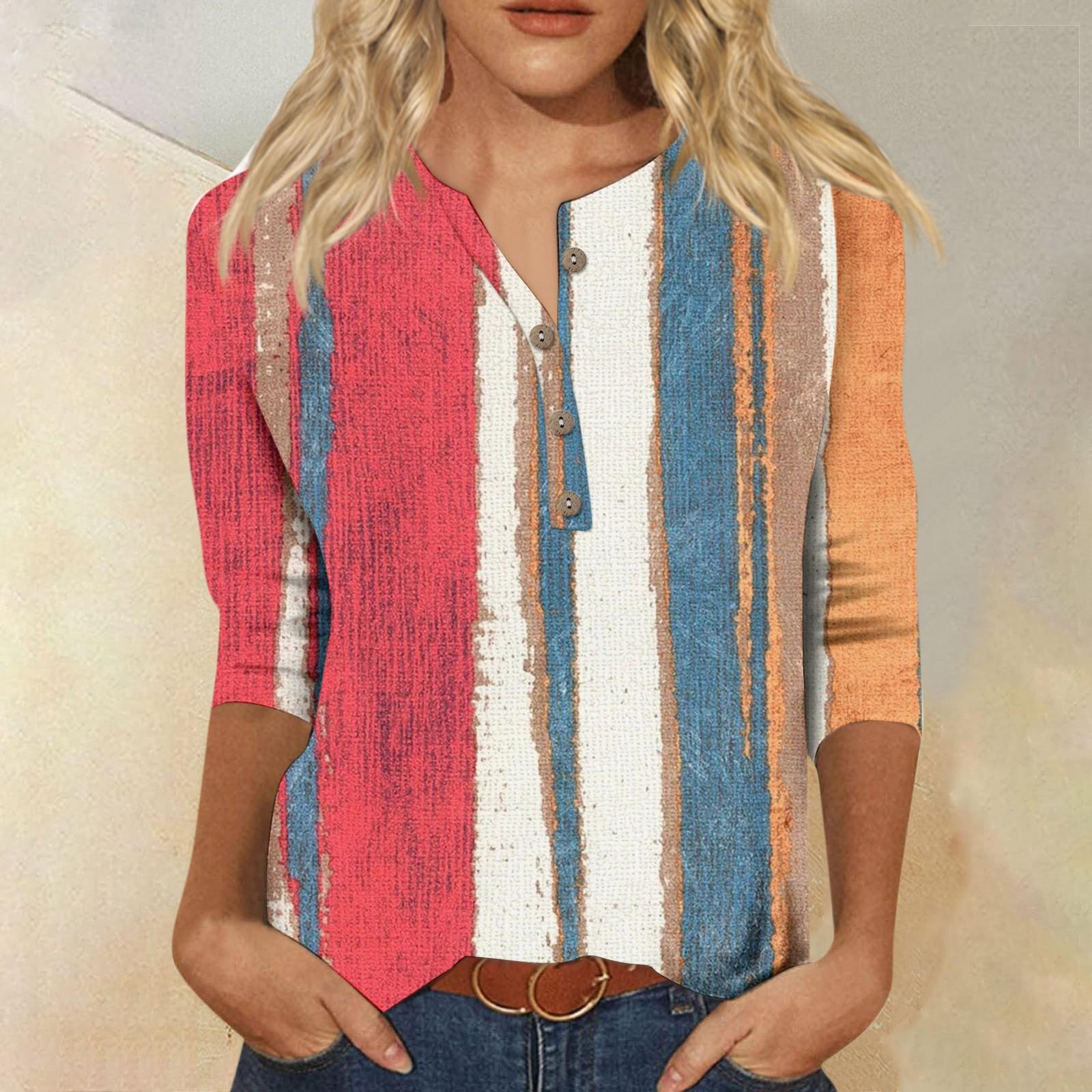 

Женская мода Повседневная новая пуговица с круглым вырезом и рукавами 3/4 Свободная футболка с принтом Женский топ XL красный