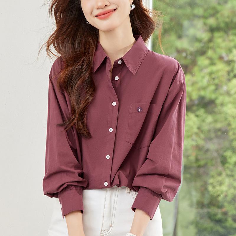 

Вышитая рубашка с лацканами и длинными рукавами для женщин в весенней одежде и стиле, повседневный свободный топ для женщин M