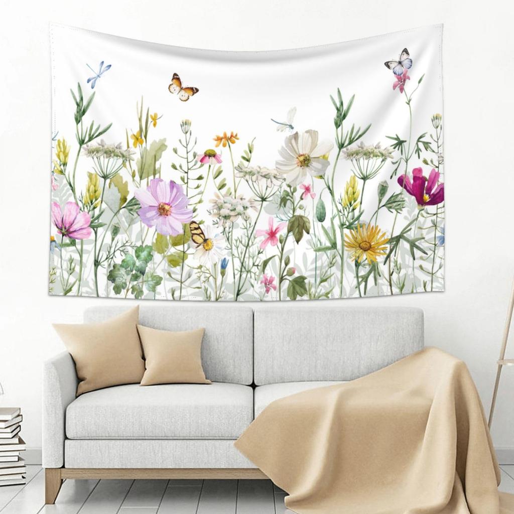 Wildflowers Vertical Wall Hanging, Illustrative Reference Chart Tapestry With Word, Beige White Vintage Tarot Flag Straight