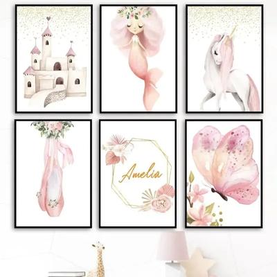 Pink Mermaid Princess Unicorn Castle Rainbow Wall Art Print Canvas Painting Nordic Poster Wall Pictures for Girl's Baby Kid Room