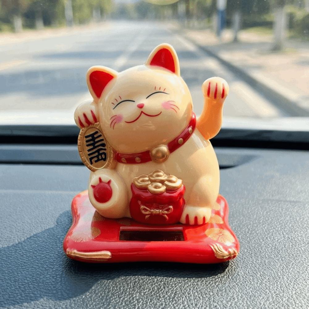 Mini Fortune Cat Figurine Solar Powered Waving Hand Cat Ornaments Car Decor