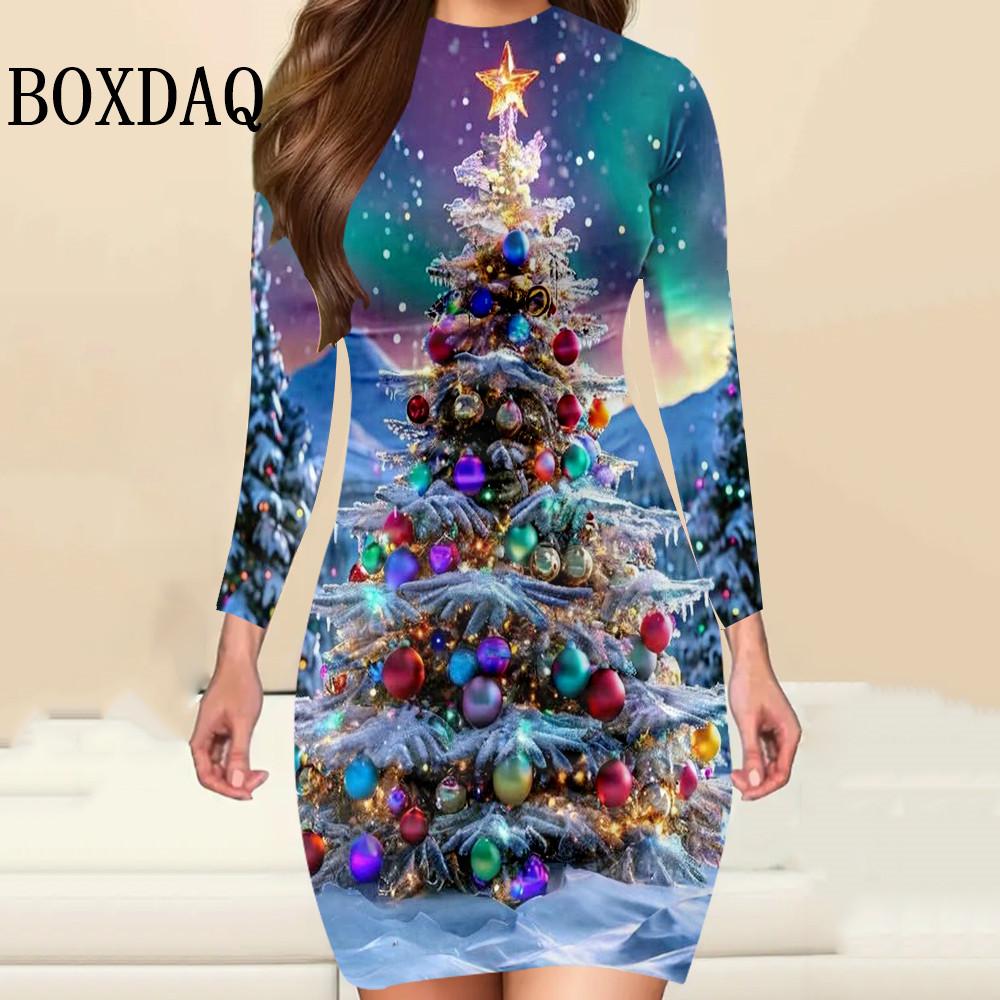 Christmas Party Women Dress Fashion Christmas Printed Autumn Winter Long Sleeve Elegant Women's Bodycon Mini Dress