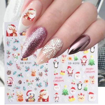 Christmas Winter Style Nail Sticker Embossed 3D Bird Hollow Christmas Snowflake Star Back Adhesive Nail Sticker Nail Supplies